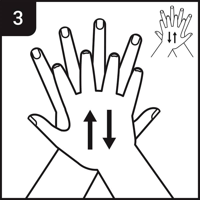 Hand washing process step 3 - interlace fingers, rub right palm to back of left hand and vice versa