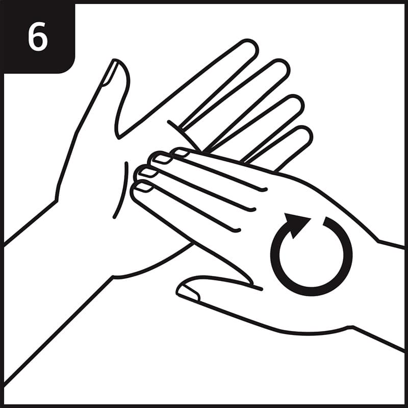 Hand washing process step 6 - rotational rubbing, in backwards and forwards motion with fingertips to both right and left palms
